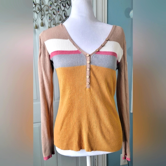 Fate Sweaters - Fate Sweater Ribbed Women's S Yellow & Brown Heanly 1/4 Button Up Long-sleeved